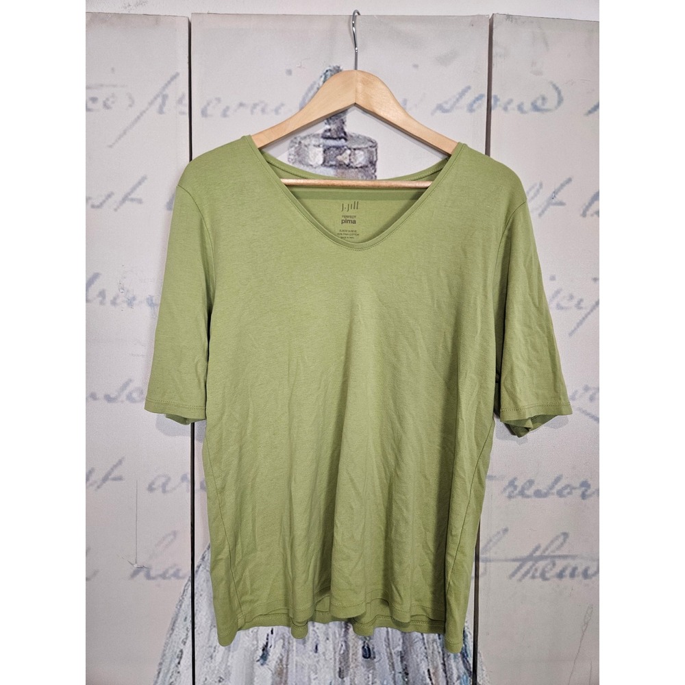 J. Jill Perfect Pima Tee XL Green Elbow Sleeve V-Neck 100% Cotton Top